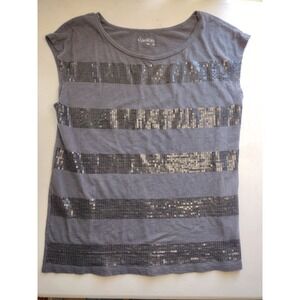 Caslon Gray Sequin Striped Cap Sleeve Knit Top Womens Medium Scoop Neck Gray